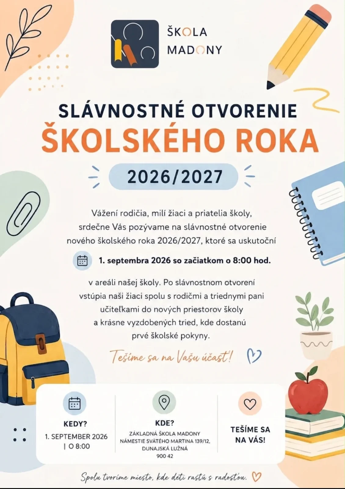 Slávnostné otvorenie školského roka 2026/2027 1 Otvorenie školského roka 2026 2027